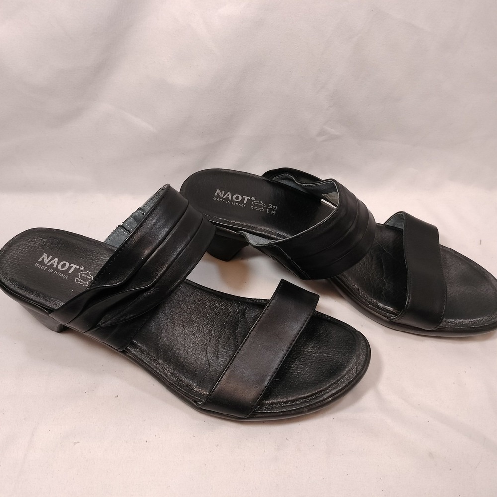 Naot Black Leather Slide Sandals Low Block Heel (Made in Israel)